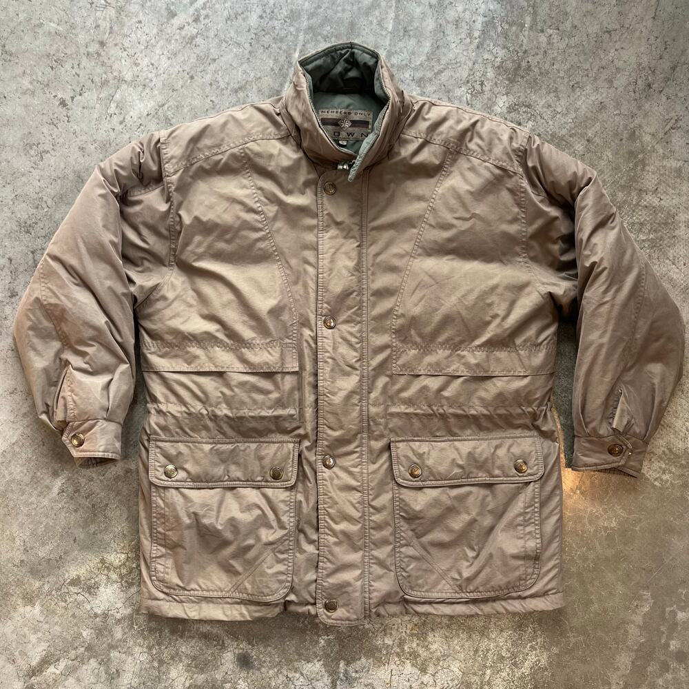 Members Only Down Puffer Jacket Men L Tan Green Quilted Heavy Parka Coat 90s